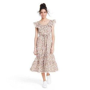 RIXO Floral Midi Ruffle Sleeveless Dress